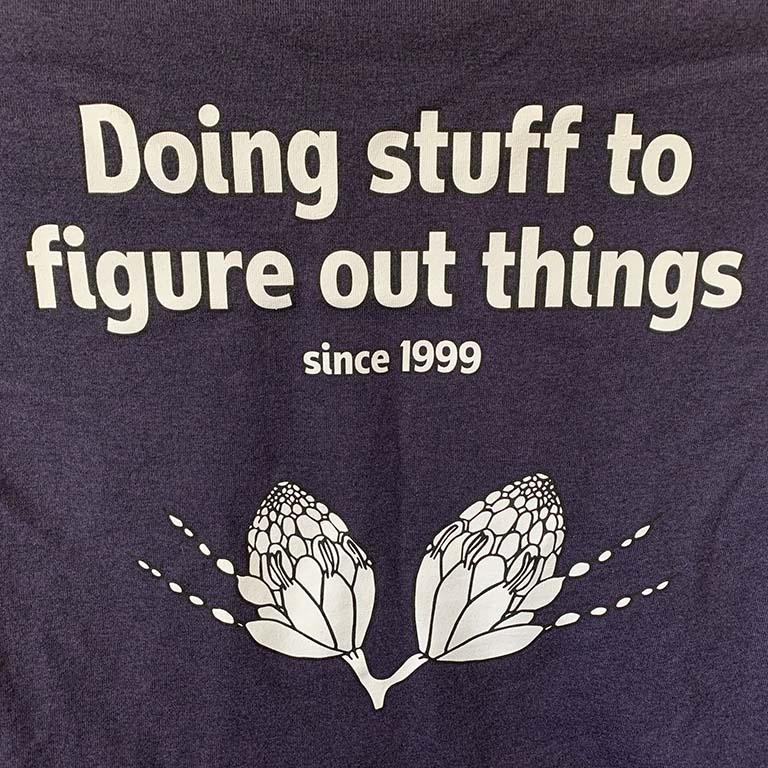 Back of the Calvi lab t-shirt: Doing stuff to figure out things since 1999.